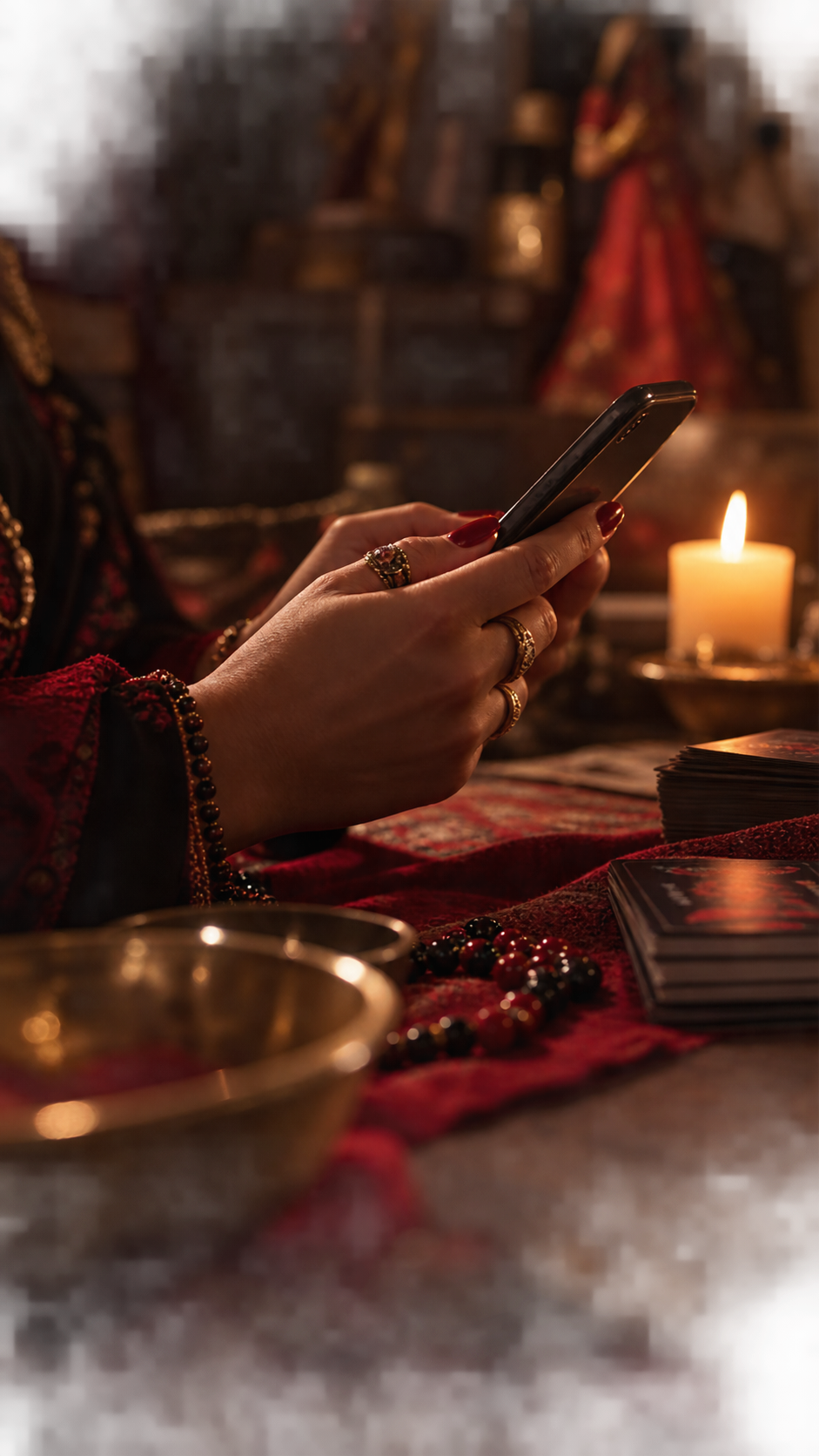Mãos segurando um celular sobre a mesa de atendimento, com uma vela acesa e cartas ao fundo